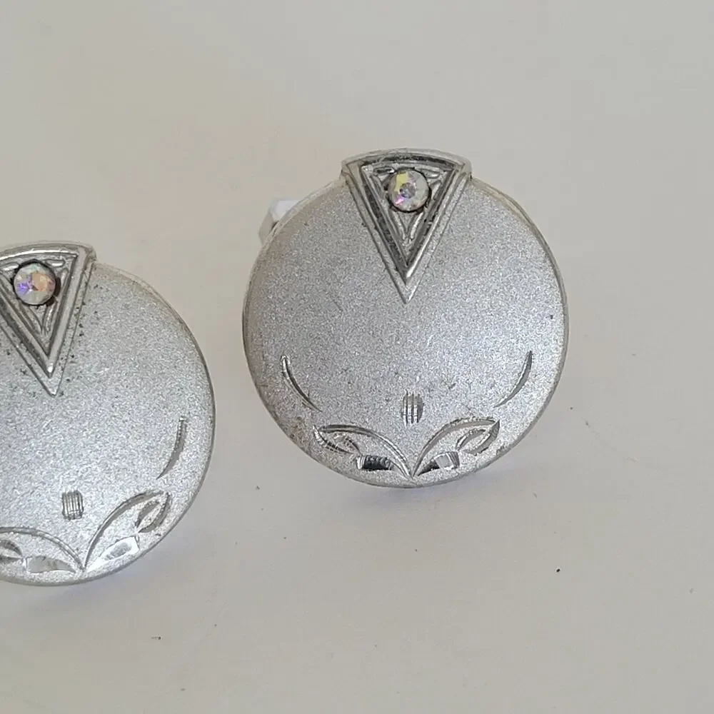 Silver Tone Cufflinks Vintage Round Retro Art Deco Circonia‎ Unbranded Quality